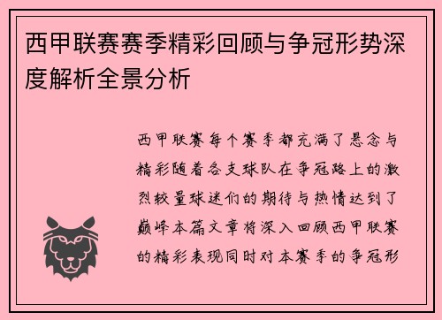 西甲联赛赛季精彩回顾与争冠形势深度解析全景分析
